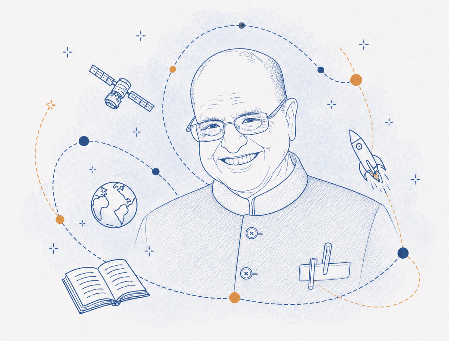 Line illustration of Dr Kasturirangan surrounded by symbols of science and knowledge